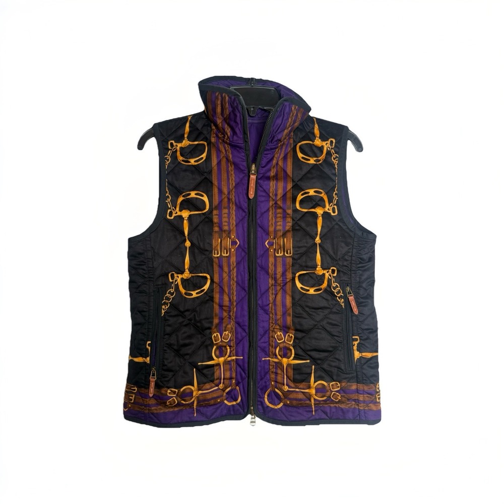 Vtg Lauren Ralph Lauren Vest Equestrian Chain M Purple Black Reversible Preppy